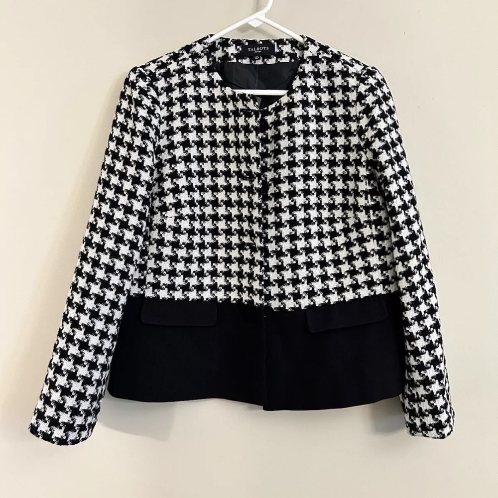 Talbots Blazer Jacket Black White Houndstooth Wool Blend NWT Size 12 Petite